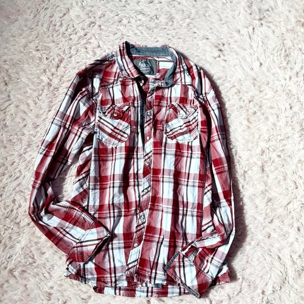 BKE Western Country Cowboy Rodeo Ranch Plaid Rustic Pearl Snap Top Mens‎ XL Boho